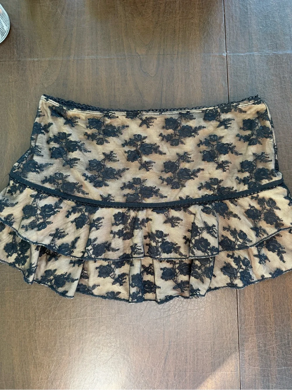 Edikted Black Lace Tiered Mini Skirt over Nude Lining